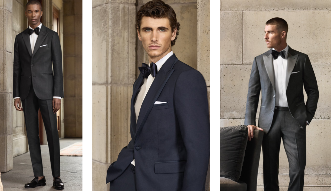 What to wear to a wedding: Men in formal wedding attire. Custom tuxedos for weddings.